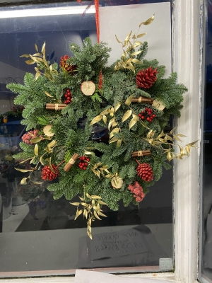 Red and gold door wreath